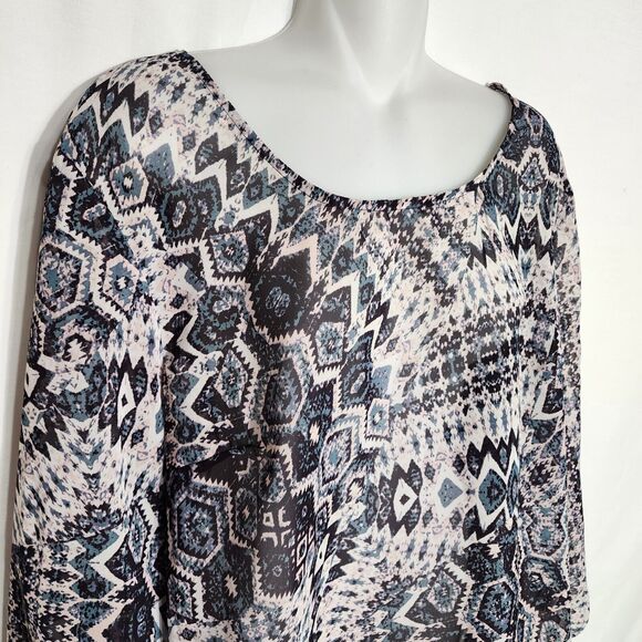 Maurice's Womens Tunic Top Size XL Criss Cross Back Sheer Geometric Hi low Hem - Picture 7 of 10